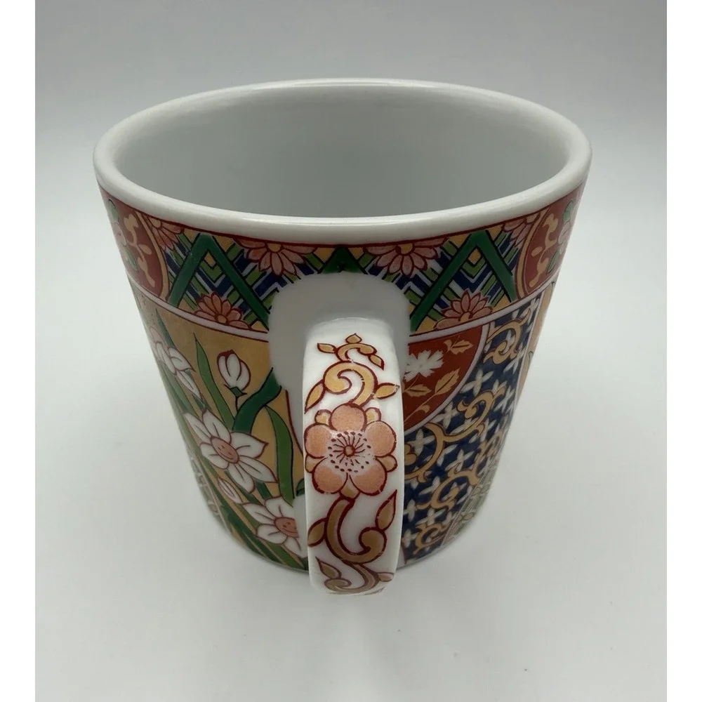 Gumps Karakusa Japanese Porcelain Mug Imari Red Blue Green Gold Tones